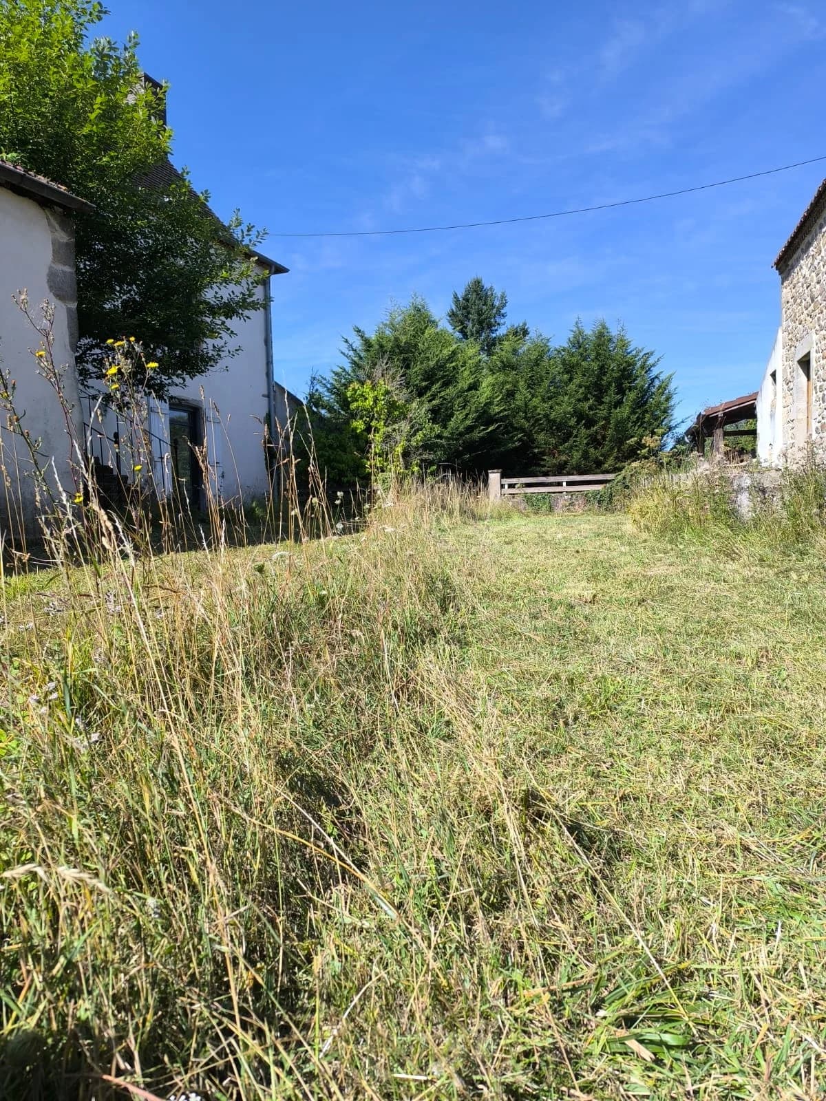 Jardin avant entretien, avec des herbes hautes devant le bâtiment en pierre